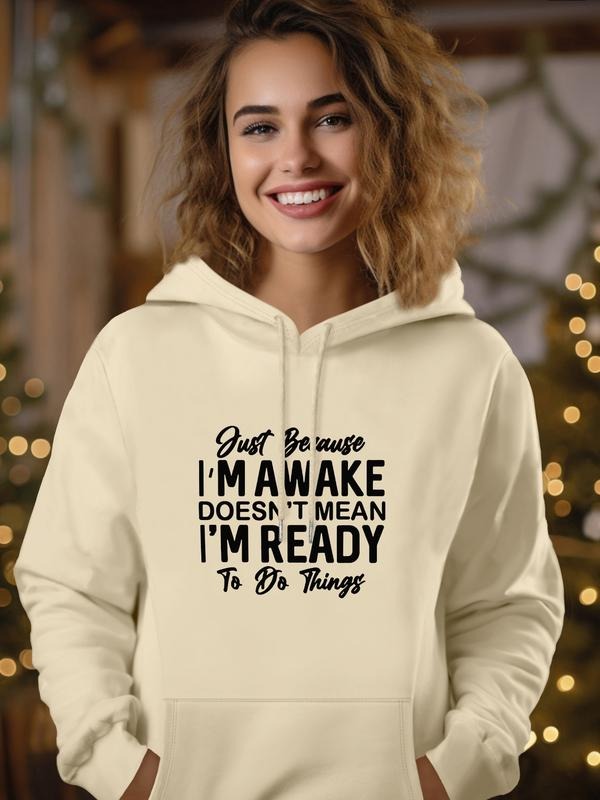 Fashion Casual Letter Print Hooded Sweatshirt with Pocket, Long Sleeve Fitted Pullover for Fall & Winter, Available in 7...
