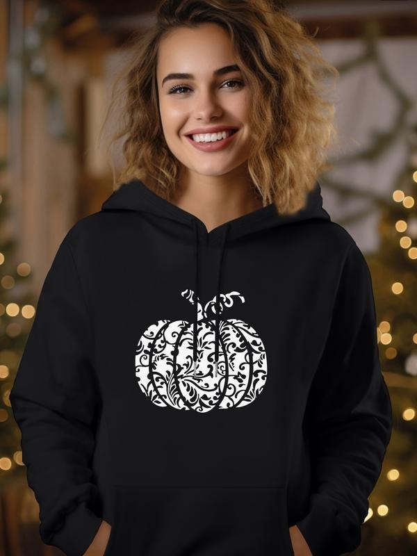 Fashion Casual Pumpkin Print Hooded Sweatshirt with Pocket, Loose Fit Long Sleeve Pullover for Fall & Winter, Available...