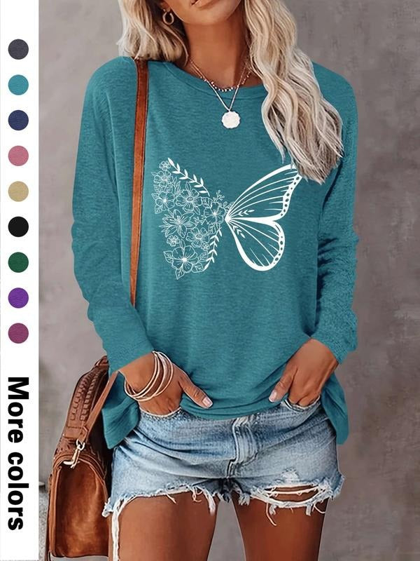 Fashion Casual Simple Butterfly Floral Print Long Sleeve T-Shirt, Comfortable Fabric, 9 Colors Available, All Seasons...