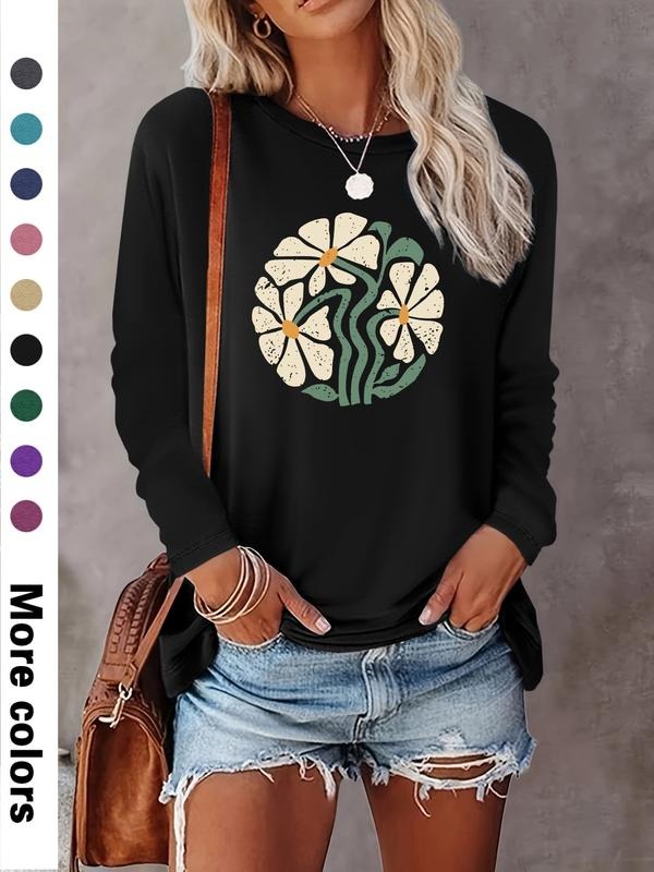 Fashion Casual Simple Floral Print Long Sleeve T-Shirt, Comfortable Fabric, Available in 9 Colors, Perfect for All...