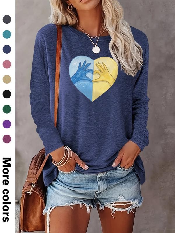 Fashion Casual Simple Heart Print Long Sleeve T-Shirt, Comfortable Fabric, 9 Colors Available, All Seasons Wear, Fitted...