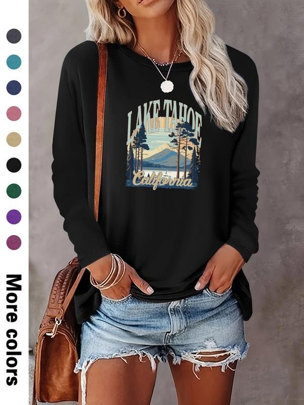 Fashion Casual Simple Landscape Letter Print Long Sleeve T-Shirt, Comfortable Fabric, 9 Colors Available, All Seasons...