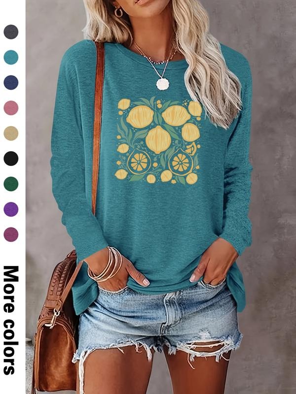 Fashion Casual Simple Lemon Print Long Sleeve T-Shirt, Comfortable Fabric, Available in 9 Colors, Perfect for All Seasons...