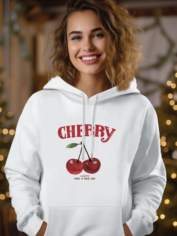 Fashion Casual Simple Letter Cherry Print Long Sleeve Hoodie Sweatshirt with Pocket, Available in 5 Colors, Loose Fit,...