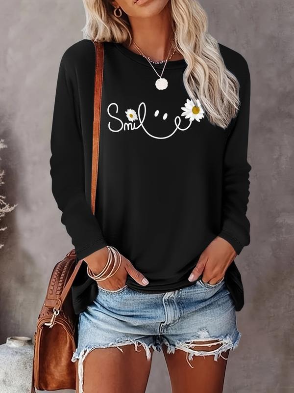 Fashion Casual Simple Letter Floral Print Long Sleeve T-Shirt, Comfortable Fabric, 9 Colors Available, All Seasons Wear...