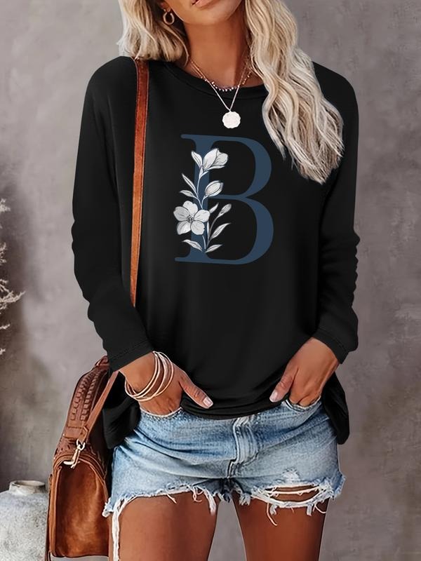 Fashion Casual Simple Letter Floral Print Long Sleeve T-Shirt, Comfortable Fabric, Available in 6 Colors, All Seasons...