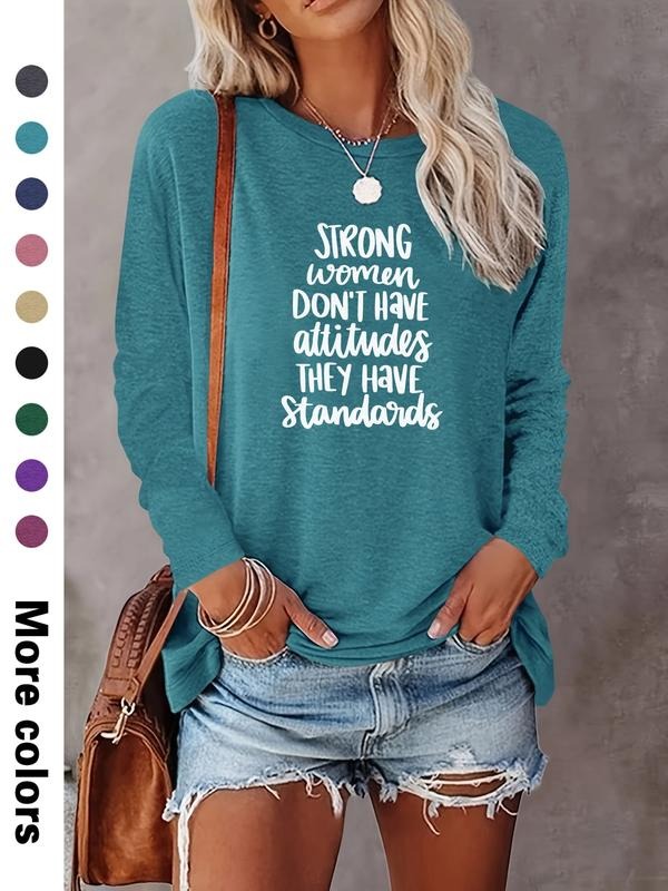Fashion Casual Simple Letter Print Long Sleeve Women's T-Shirt, Comfortable Fabric, 9 Colors Available, Fitted Style, All...