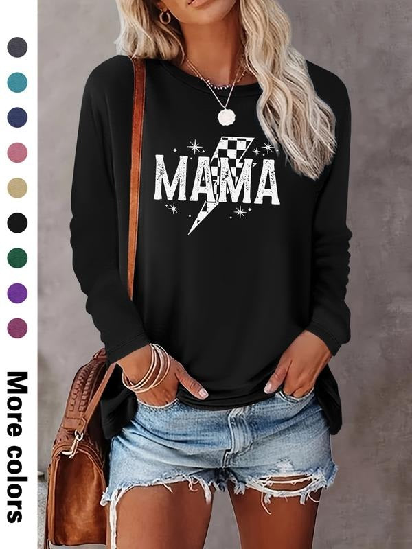Fashion Casual Simple Mama Letter Print Long Sleeve T-Shirt, Comfortable Fabric, 9 Colors Available, All Seasons Wear...