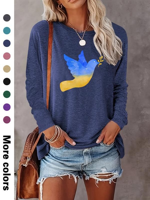 Fashion Casual Simple Pigeon Peace Element Print Long Sleeve T-Shirt, Comfortable Fabric, 9 Colors Available, All Seasons...