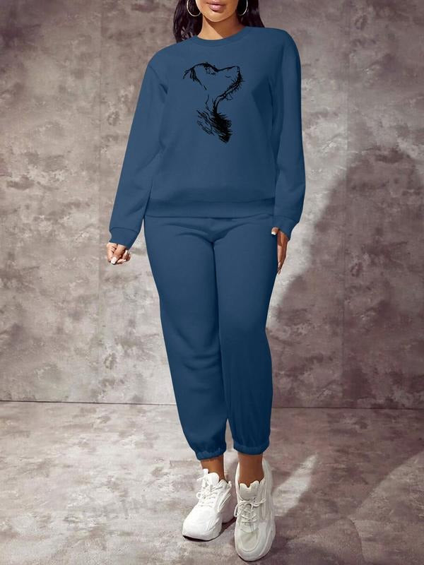 Fashion Casual Women's Animal Print Long Sleeve Sweatshirt Set, Cute Dog Pattern, Spring & Fall Sportswear, Daily Wear,...
