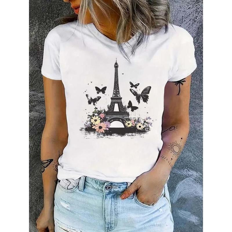 Fashion Eiffel Tower Floral Print Women Summer T Shirt Girl O Neck Funny Y2K Tops Tee Female 90s Casual Clothing style 02...