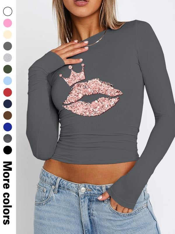 Fashionable Long Sleeve Cropped T-Shirt for Women, Sexy Crown Lips Print, Available in 13 Colors for Spring & Fall Hoodie...