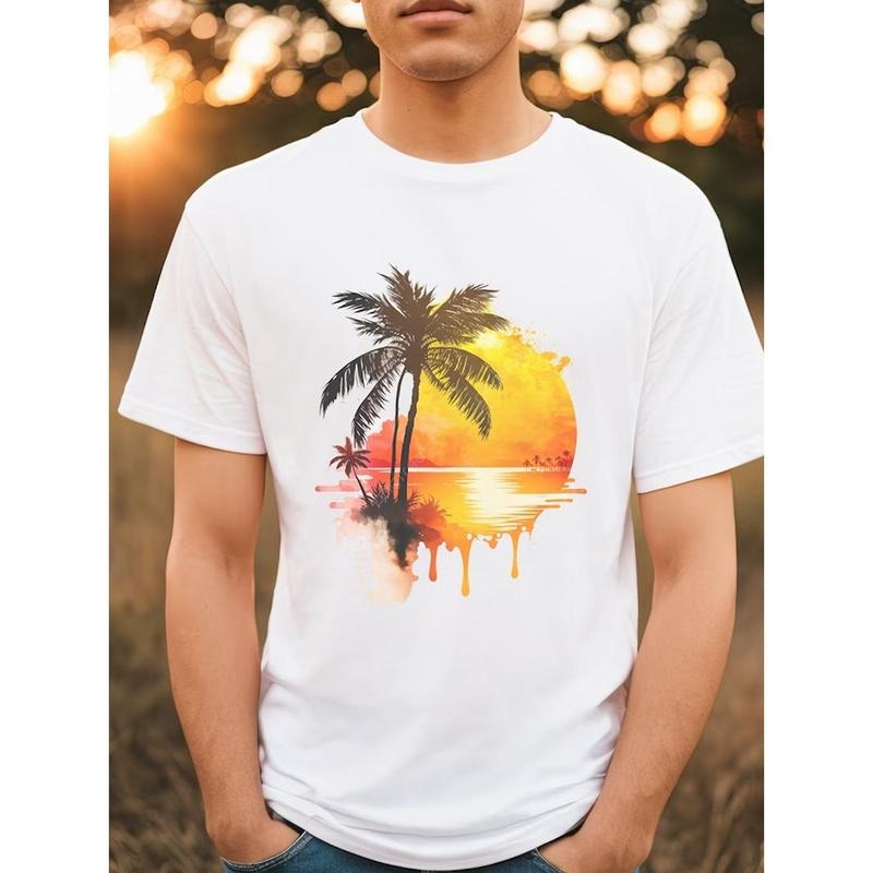 Fashionable Men's Sea Sunset Coconut Tree Print Round Neck Short Sleeved T-shirt Made in USA Hoodie Sweatshirt