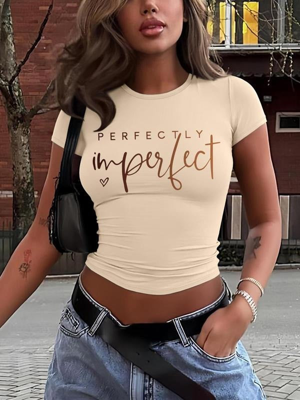 Fashionable Simple Letter Print Fitted Cropped T-Shirt for Women, Available in 8 Colors, Casual Short Sleeve Top for All...