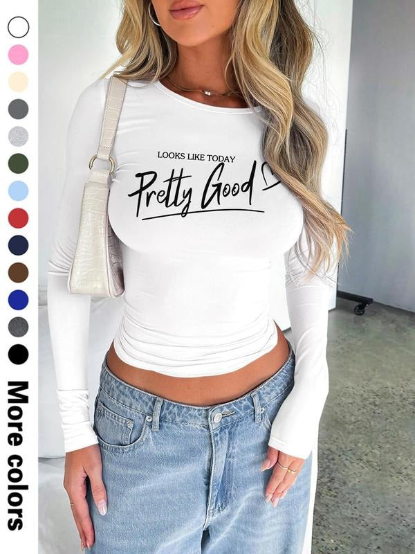 Fashionable Simple Letter Print Long Sleeve Cropped T-Shirt for Women, Available in 13 Colors, Sexy Tight Fit for Spring...