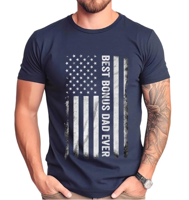 Father Day Gift Tshirt, Step Dad Shirts, Unique Father Gift Step Dad, Bonus Dad Ever American Flag T Shirt, Unisex Short...