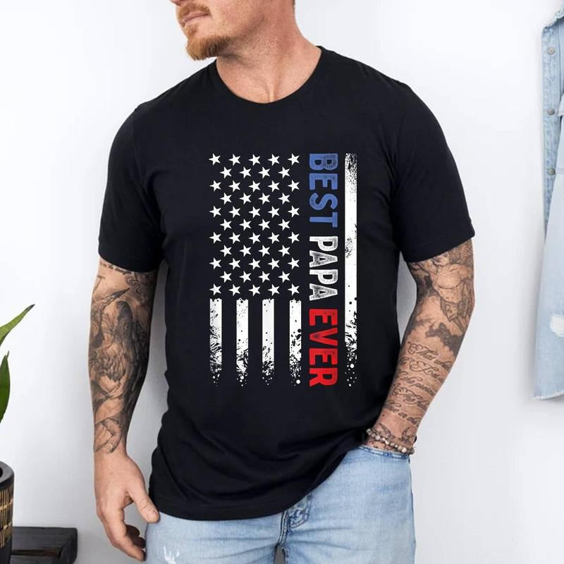 Father's Day Best Papa Ever with US American Flag T-Shirt | 100% Cotton Tee, Top Menswear Hoodie Sweatshirt