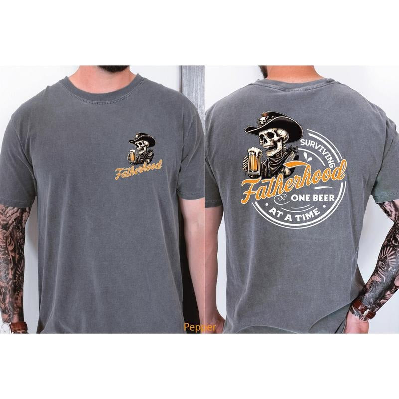 Fatherhood Surviving One Beer At A Time Shirt fatherhood Dad Teefunny Skull Teesarcastic Pocket And Back DesiGD Hoodie...