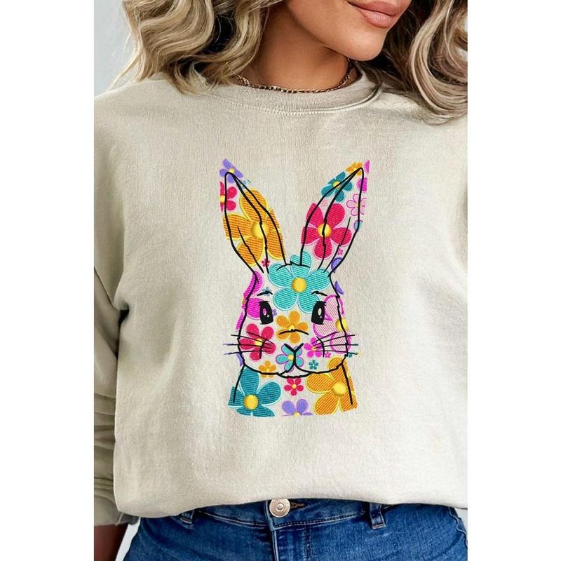 Faux Embroidery Colorful Bunny Transfer Heavy-weight Crew Sweatshirt Shirt Hoodie | PrintMintTees.com