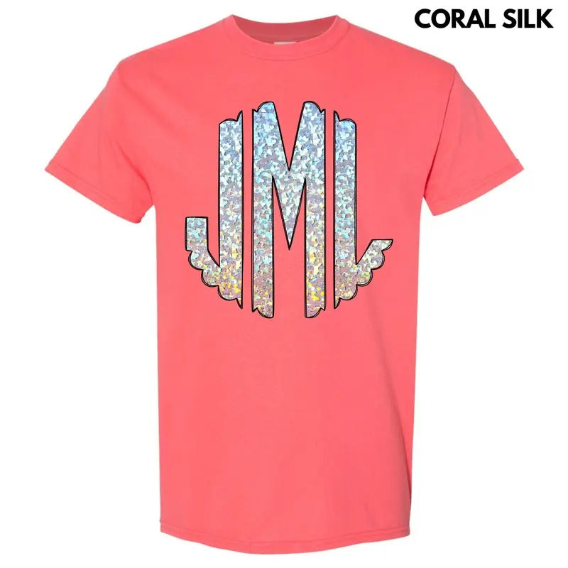 Faux Foil Glitter Monogram Gildan Short Sleeve T-Shirt 'NLB' Hoodie, Sweatshirt | PrintMintTees.com