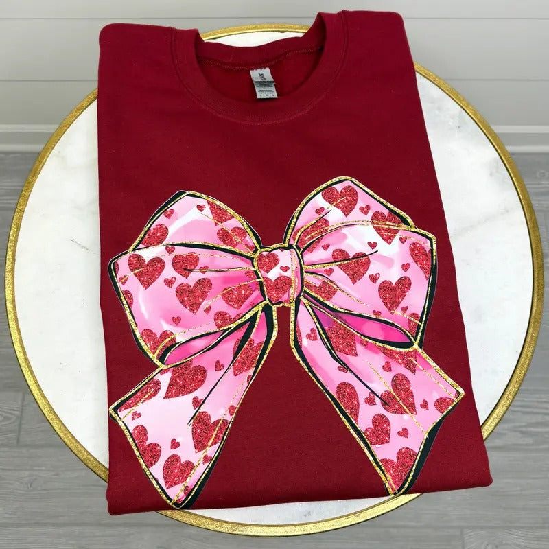 Faux Glitter Heart Bow Sweatshirt Shirt Hoodie | PrintMintTees.com