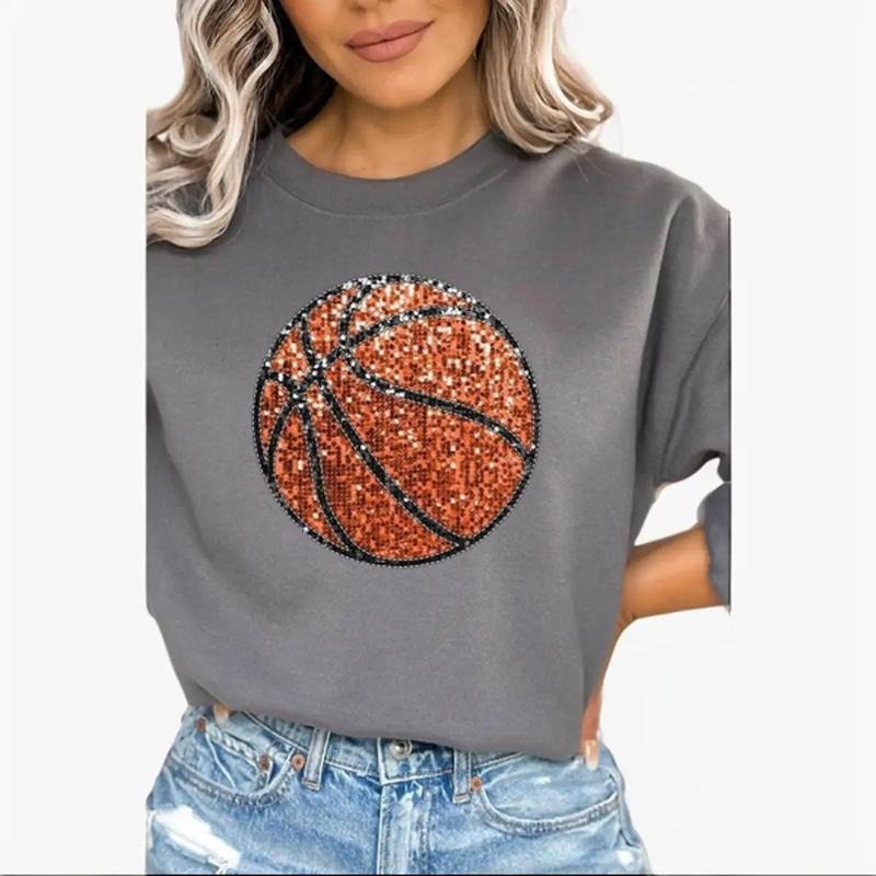 Faux Sequin Basketball Transfer Heavy-weight Crew Sweatshirt Shirt Hoodie | PrintMintTees.com