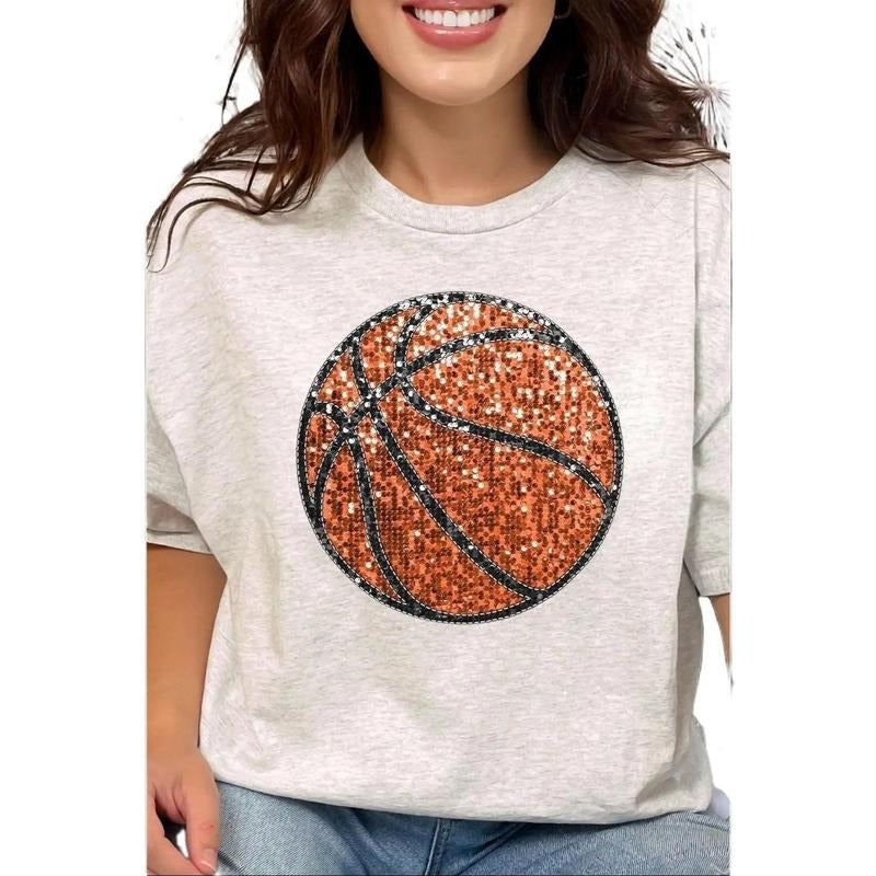 Faux Sequin Basketball Transfer Short Sleeve Relaxed Fit T-Shirt Hoodie Sweatshirt | PrintMintTees.com