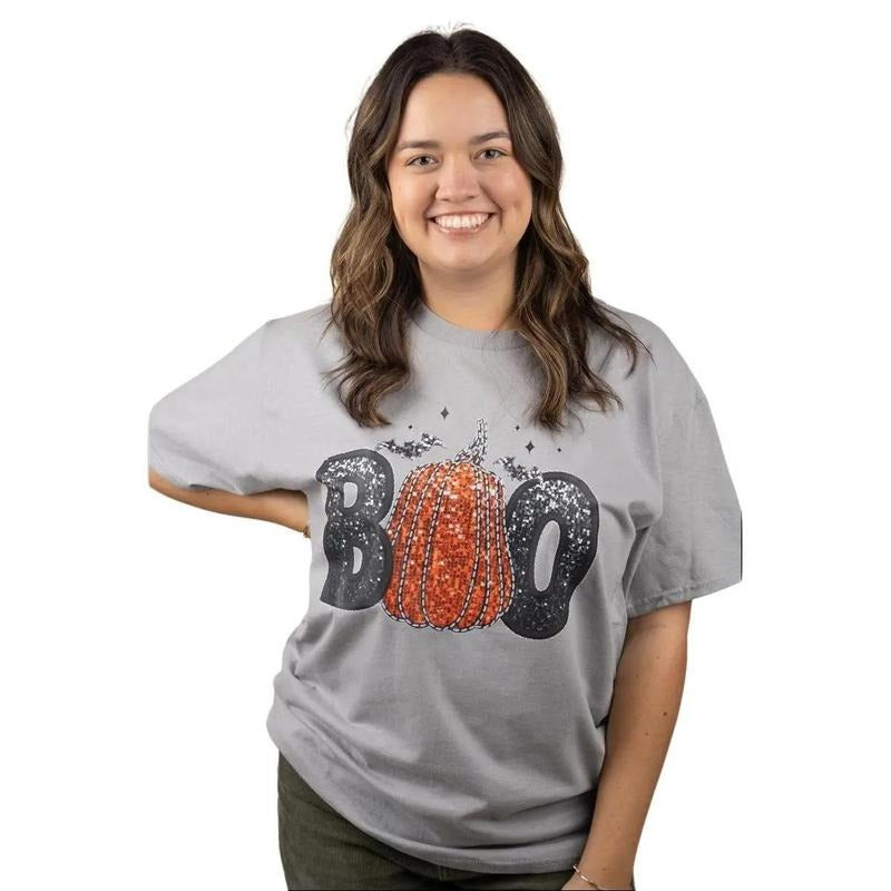 Faux Sequin Boo Transfer Short Sleeve Relaxed Fit T-Shirt Hoodie Sweatshirt | PrintMintTees.com