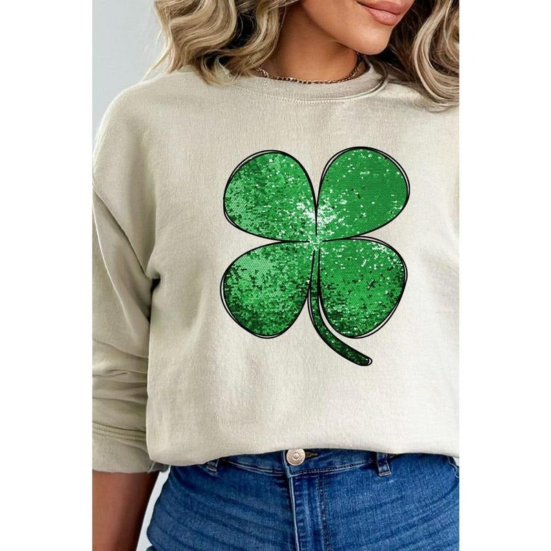 Faux Sequin Lucky Clover Transfer Heavy-weight Crew Sweatshirt Shirt Hoodie | PrintMintTees.com