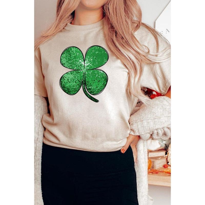Faux Sequin Lucky Clover Transfer Short Sleeve Relaxed Fit T-Shirt Hoodie Sweatshirt | PrintMintTees.com