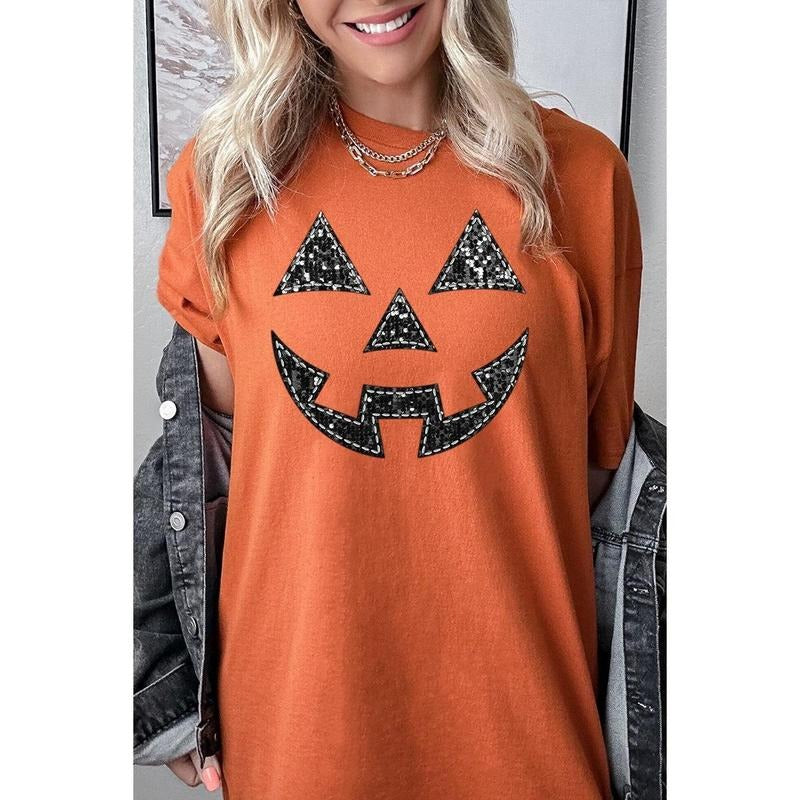 Faux Sequin Pumpkin Face Short Sleeve Relaxed Fit T-Shirt Hoodie Sweatshirt | PrintMintTees.com