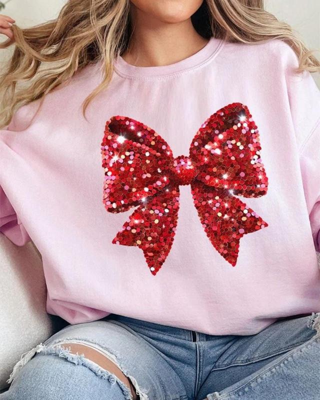 Faux Sequin Red Coquette Bow Unisex NuBlend Crew Sweatshirt Christmas 2024 Shirt Hoodie | PrintMintTees.com