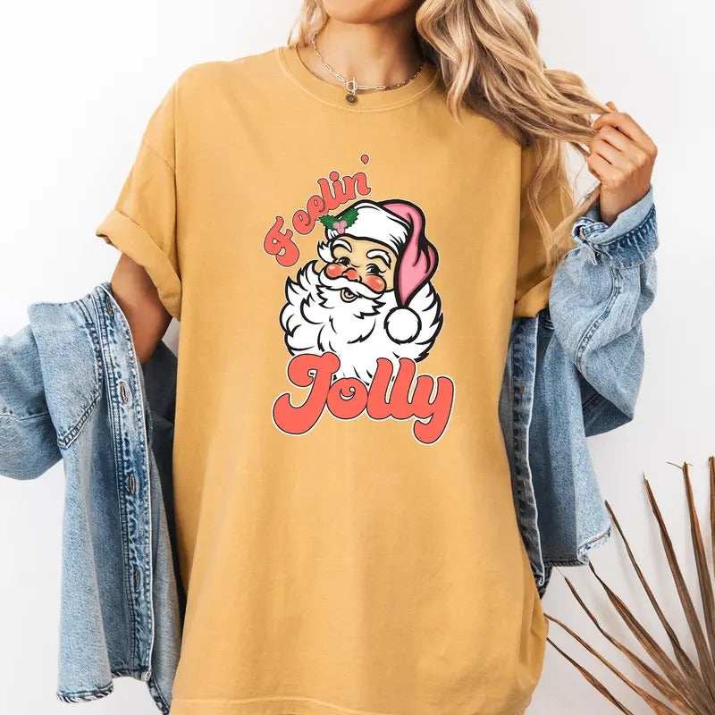 Feelin Jolly, Retro Santa, Christmas, Classic, Vintage, Xmas Tshirt, Christmas Comfort Colors Tshirt, Women's Graphic...