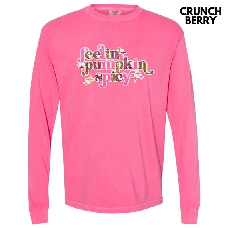 Feelin Pumpkin Spicy Sequin Patch Long Sleeve Comfort Colors T-Shirt Hoodie, Sweatshirt | PrintMintTees.com