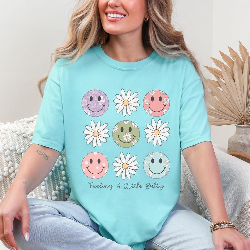 Feeling A Little Salty, Flowers, Retro Smiley, Comfort Colors T-Shirt, Women's Comfort Colors Tee Hoodie Sweatshirt