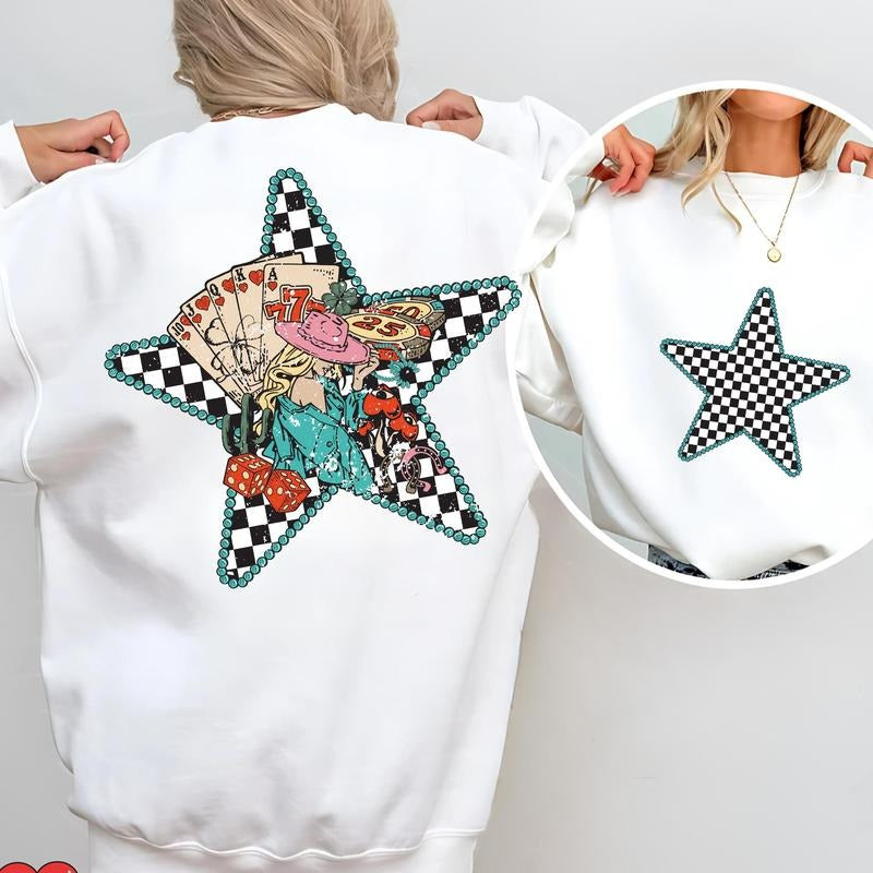 Feeling Lucky Cowgirl Sweatshirt, Trendy Western Cowgirl Sweater, Western Turquoise Checkered Sweatshirt, 8 Ball Sweater,...