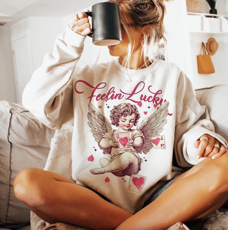 Feeling Lucky Cupid Valentines Sweatshirt Valentines Day  , Funny Vday , Aesthetic Valentines , Love, Heart Shirt Hoodie