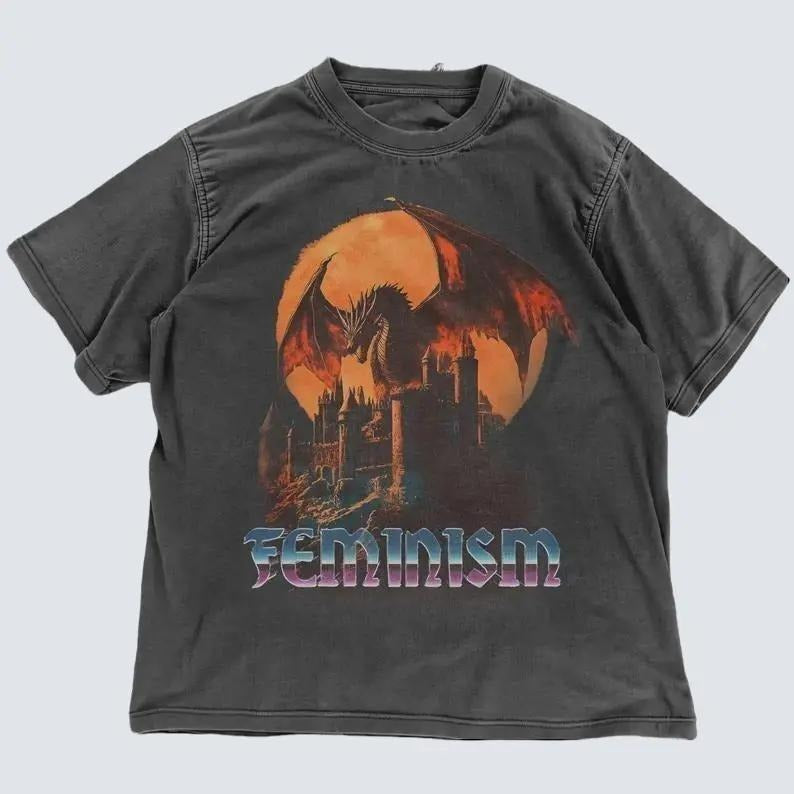 Feminism Dragon Graphic T-Shirt - Gothic Fantasy Dragon Castle Tee - Feminist Dark Fantasy Tee