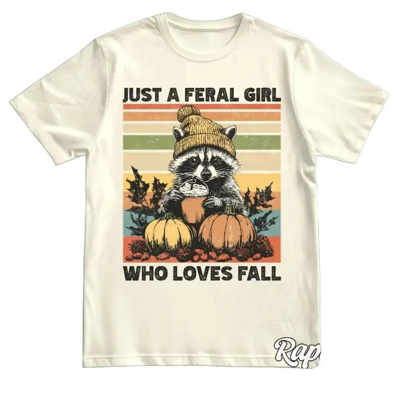 Feral Girl Fall Vintage Shirt, Retro 90s Halloween Tshirt, Pumpkin Spice Coffee Graphic Tee, Thanksgiving Outfit Cotton...