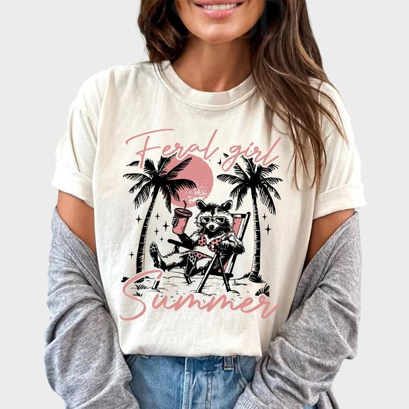 Feral Girl Summer Shirt Vintage Funny Beach Raccoon Shirt Retro Raccoon Meme Summer Vacation Shirt Trash Panda Shirt Summer Unhinged Casual Tops Comfy Cotton Fabric Relaxed Fit Chic Shirt Hoodie Sweatshirt