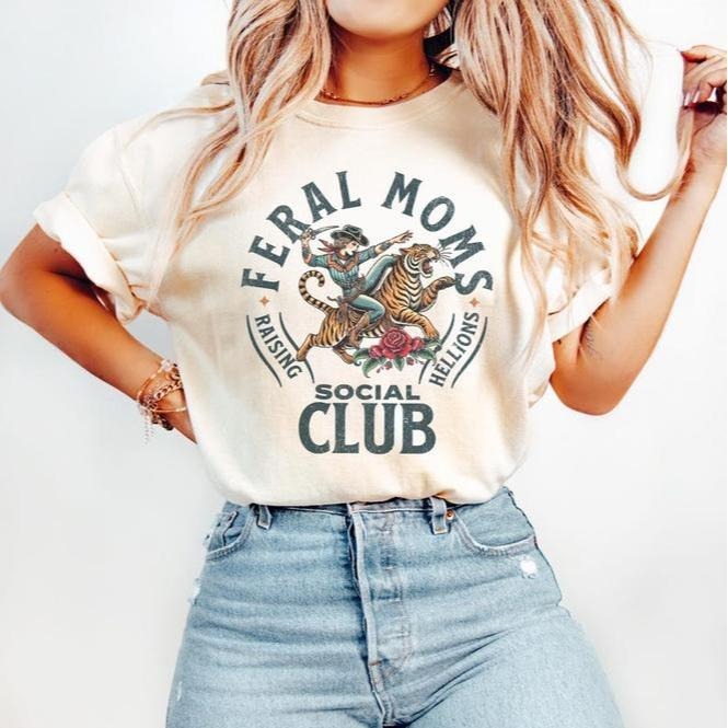 Feral Moms Social Club Tshirt-sweatshirt-hoodie,Vintage Graphic Tee, Feral Mom Gift, Somebody's Feral Wife, Mom Life...