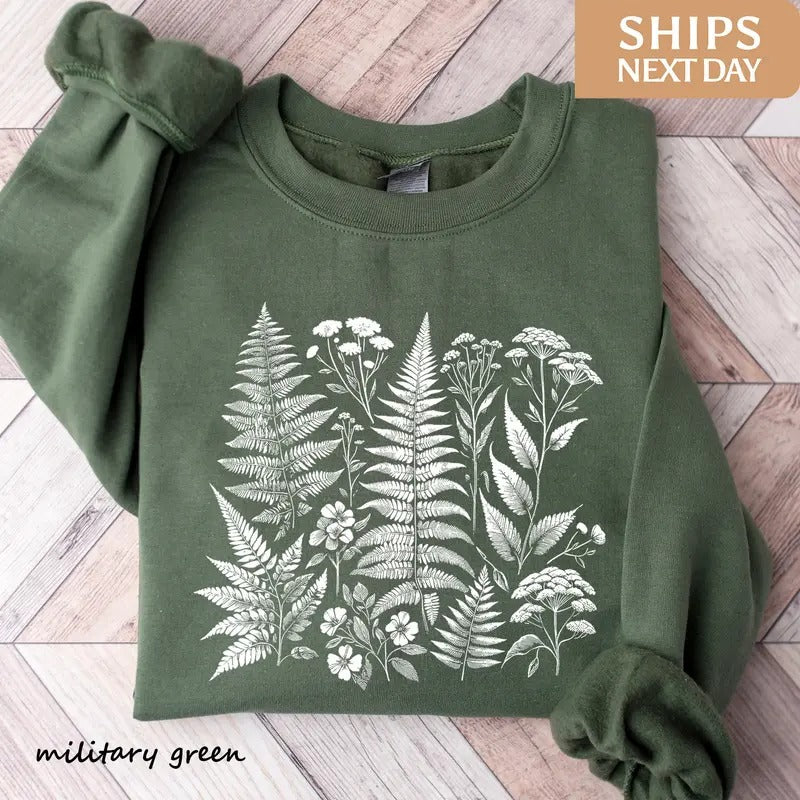 Fern Sweatshirt Plants Sweatshirt Botanical Garden Gardener Nature Boho Cotton Menswear Shirt Hoodie | PrintMintTees.com
