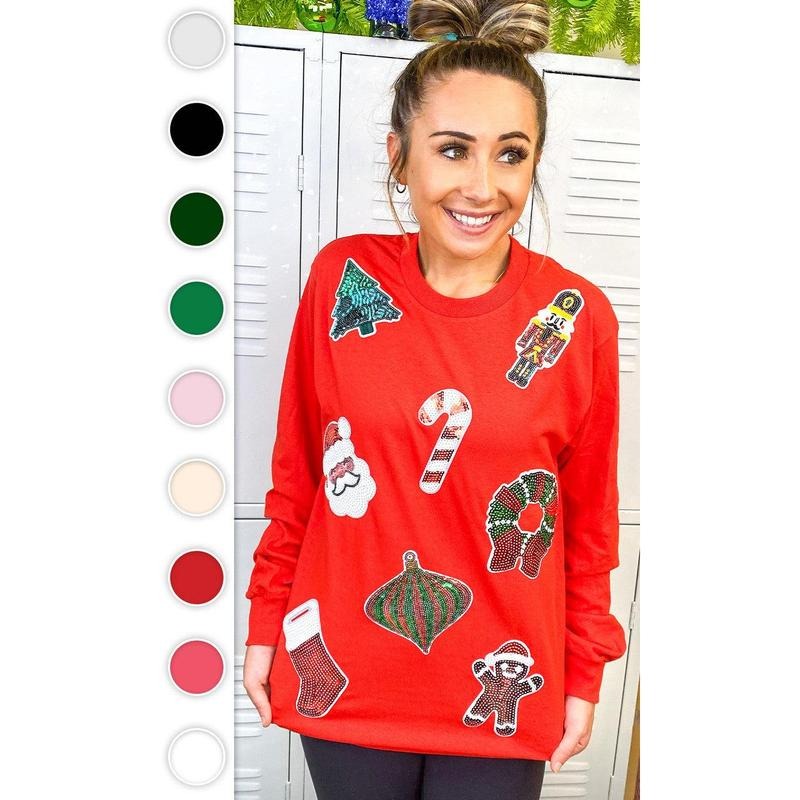 Festive Christmas Sparkle Sequin Long Sleeve Graphic T-Shirt Hoodie Sweatshirt | PrintMintTees.com