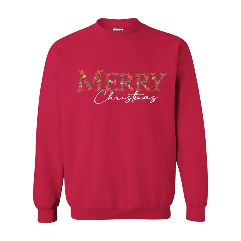 Festive Floral Wreath 'Merry Christmas' Embroidered Women Crewneck Sweatshirt T-Shirts, Hoodie | PrintMintTees.com