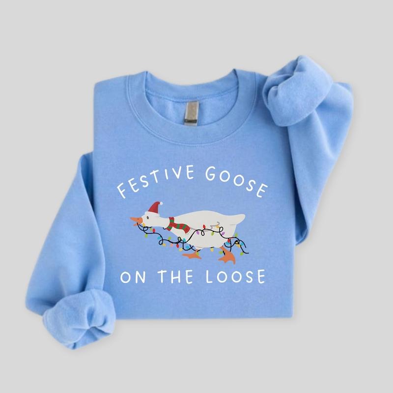 Festive Goose On The Loose Christmas Funny Goose Holiday Sweatshirt Cute Xmas Duck Graphic Top, Silly Goose Gift For Her...