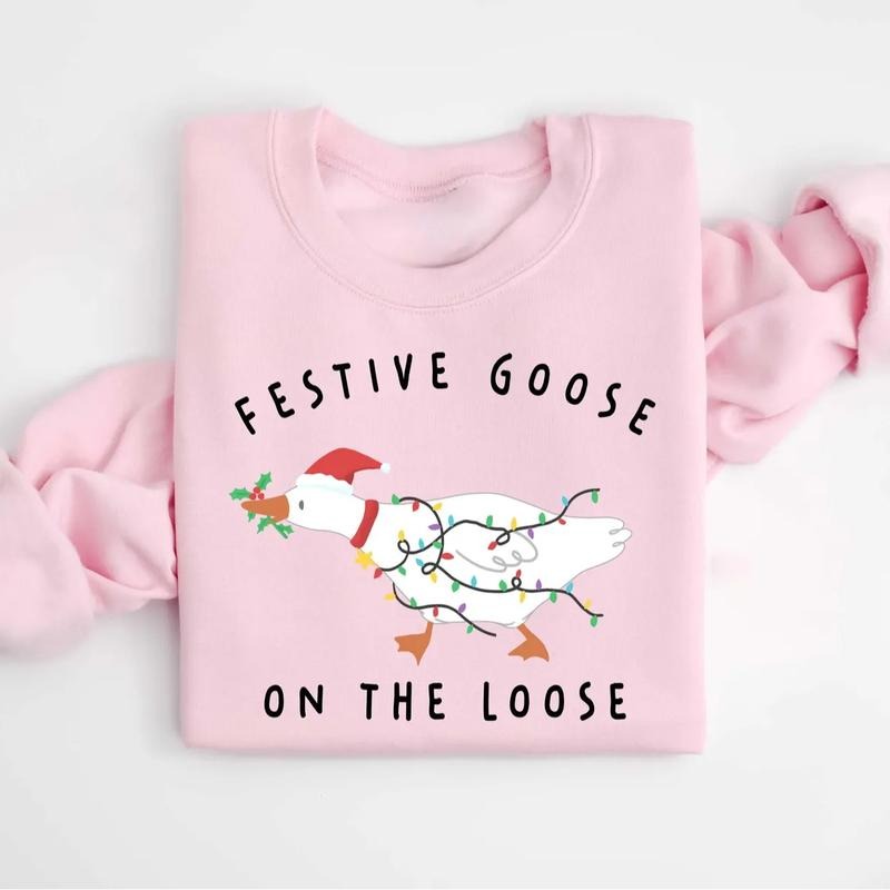 Festive Goose On The Loose Christmas Sweatshirt & T-Shirt, Funny Holiday Goose Duck Top, Cute Silly Goose Xmas Gift For...