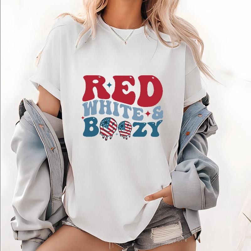 Festive T - Shirt for Celebration Enthusiasts, Showcasing "RED WHITE & BOZY" in Patriotic