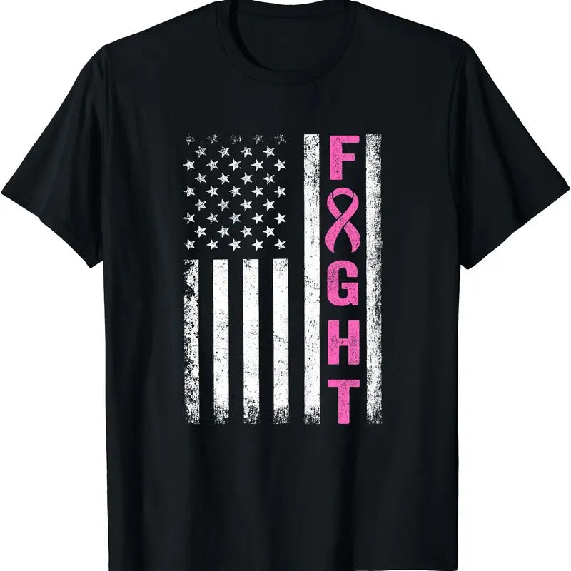 Fight Breast Survivor American Flag Breast Cancer Awareness T-Shirt | Unisex Cotton Tee, Short Sleeve, Size S-5XL Hoodie,...
