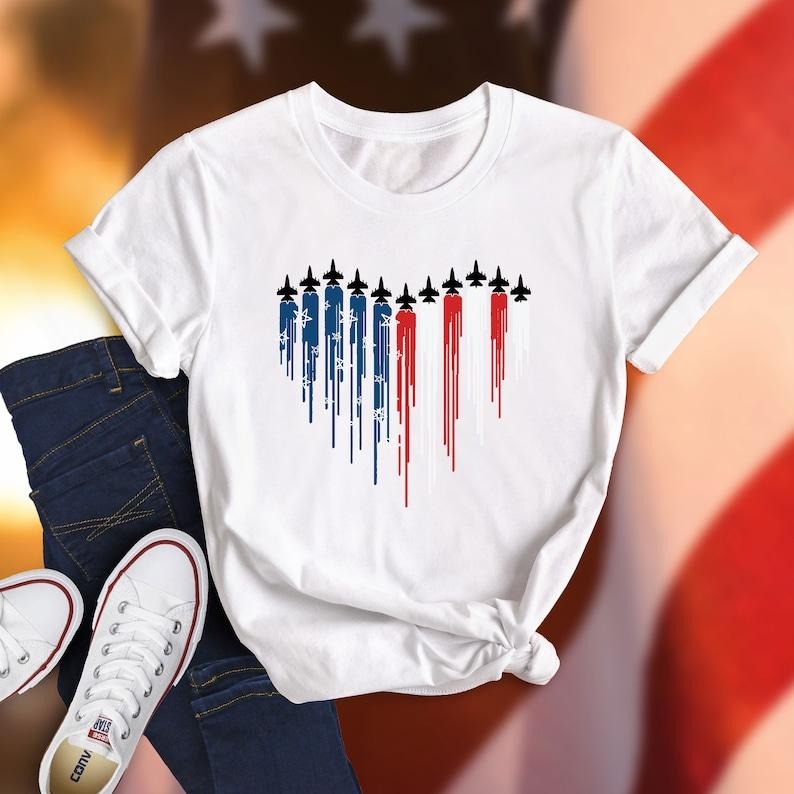 Fighter Jet American Flag Heart Shirt, Air Force Flyover Shirt, 4th of July Tee, Red White Blue Shirt, American Flag...