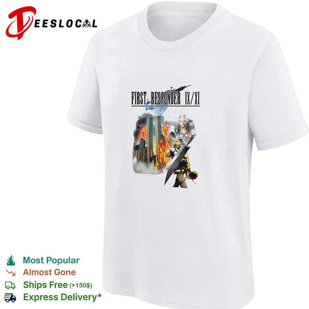 Firefighter holding sword first responder 9 11 twin towers tribute shirt